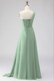 Sage Green A-Line One Shoulder Long Bridesmaid Dress with Slit