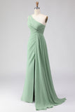 Sage Green A-Line One Shoulder Long Bridesmaid Dress with Slit