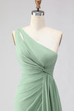 Sage Green A-Line One Shoulder Long Bridesmaid Dress with Slit