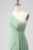 Sage Green A-Line One Shoulder Long Bridesmaid Dress with Slit