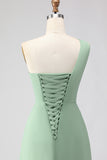 Sage Green A-Line One Shoulder Long Bridesmaid Dress with Slit