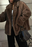 Brown Notched Lapel Faux Fur Women Coat