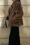 Brown Notched Lapel Faux Fur Women Coat