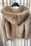Khaki Hooded Faux Fur Short Women Coat