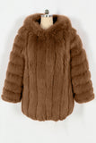Coffee Puffy Long Sleeve Hooded Faux Fur Women Coat