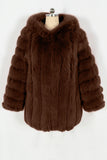 Coffee Puffy Long Sleeve Hooded Faux Fur Women Coat