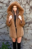 Brown Puffy Long Sleeve Hooded Faux Fur Women Coat