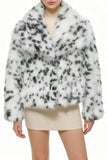 Apricot Leopard Print Faux Fur Women Coat with Long Sleeves