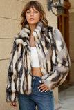 Black Striped Faux Fur Stand Collar Women Coat