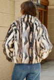 Black Striped Faux Fur Stand Collar Women Coat