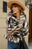 Black Striped Faux Fur Stand Collar Women Coat