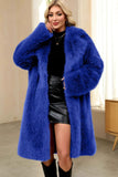 Royal Blue Notched lapel Solid Faux Fur Women Coat