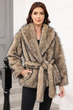 Coffee Faux Fur Shawl Lapel Women Coat with Belt