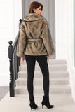 Coffee Faux Fur Shawl Lapel Women Coat with Belt