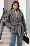 Coffee Faux Fur Shawl Lapel Women Coat with Belt