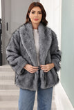 Coffee Faux Fur Shawl Lapel Women Coat with Belt