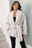 Coffee Faux Fur Shawl Lapel Women Coat with Belt