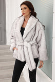 Coffee Faux Fur Shawl Lapel Women Coat with Belt