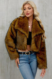 Brown Faux Fur Shawl Lapel Women Short Winter Coat
