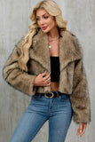 Brown Faux Fur Shawl Lapel Women Short Winter Coat