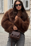 Brown Shawl Lapel Faux Fur Women Short Winter Coat