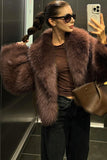Brown Shawl Lapel Faux Fur Women Short Winter Coat