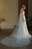 Ivory Butterflies Tulle Long Wedding Veil with Pearls
