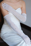 White Lace Beaded Long Bridal Wedding Gloves with Pearls