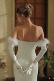White Satin Long Wedding Gloves with Feathers