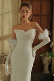 White Satin Long Wedding Gloves with Feathers