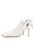 Elegant Ivory Lace Pointed-Toe Wedding Stiletto Heels Wedding Shoes with Bow