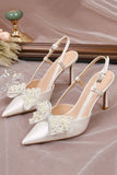 Ivory Pointed Rhinestone Patent High Heels with Bow