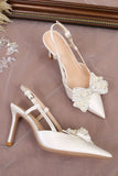 Ivory Pointed Rhinestone Patent High Heels with Bow