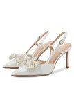 Ivory Pointed Rhinestone Patent High Heels with Bow
