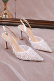 Elegant White Pointed Slingback Stiletto Heels Wedding Shoes with Floral Appliques