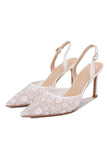 Elegant White Pointed Slingback Stiletto Heels Wedding Shoes with Floral Appliques