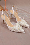 Lace Ivory Beaded Pointed Stiletto High Heels Wedding Shoes with Pearls