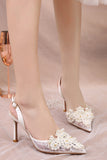 Lace Ivory Beaded Pointed Stiletto High Heels Wedding Shoes with Pearls