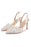 Lace Ivory Beaded Pointed Stiletto High Heels Wedding Shoes with Pearls