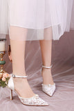 Ivory Lace Pointed Pearls Stilettos High Heels Wedding Shoes with Ankle Strap