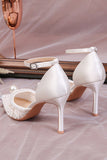 Ivory Lace Pointed Pearls Stilettos High Heels Wedding Shoes with Ankle Strap