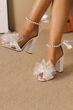 White Open Toe Pearls Platform High Heels with Bow