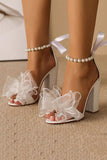White Open Toe Pearls Platform High Heels with Bow
