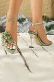 Green Ankle Strap Open Toe Transparent High Heels with 3D Flower