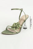 Green Ankle Strap Open Toe Transparent High Heels with 3D Flower