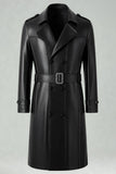 Black Notched Lapel Leather Double Breasted Men's Long Trench Coat