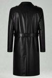 Black Notched Lapel Leather Double Breasted Men's Long Trench Coat