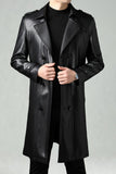 Black Notched Lapel Leather Double Breasted Men's Long Trench Coat