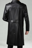 Black Notched Lapel Leather Double Breasted Men's Long Trench Coat