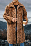 Ivory Leopard Faux Fur Warmth Long Men's Coat with Pockets